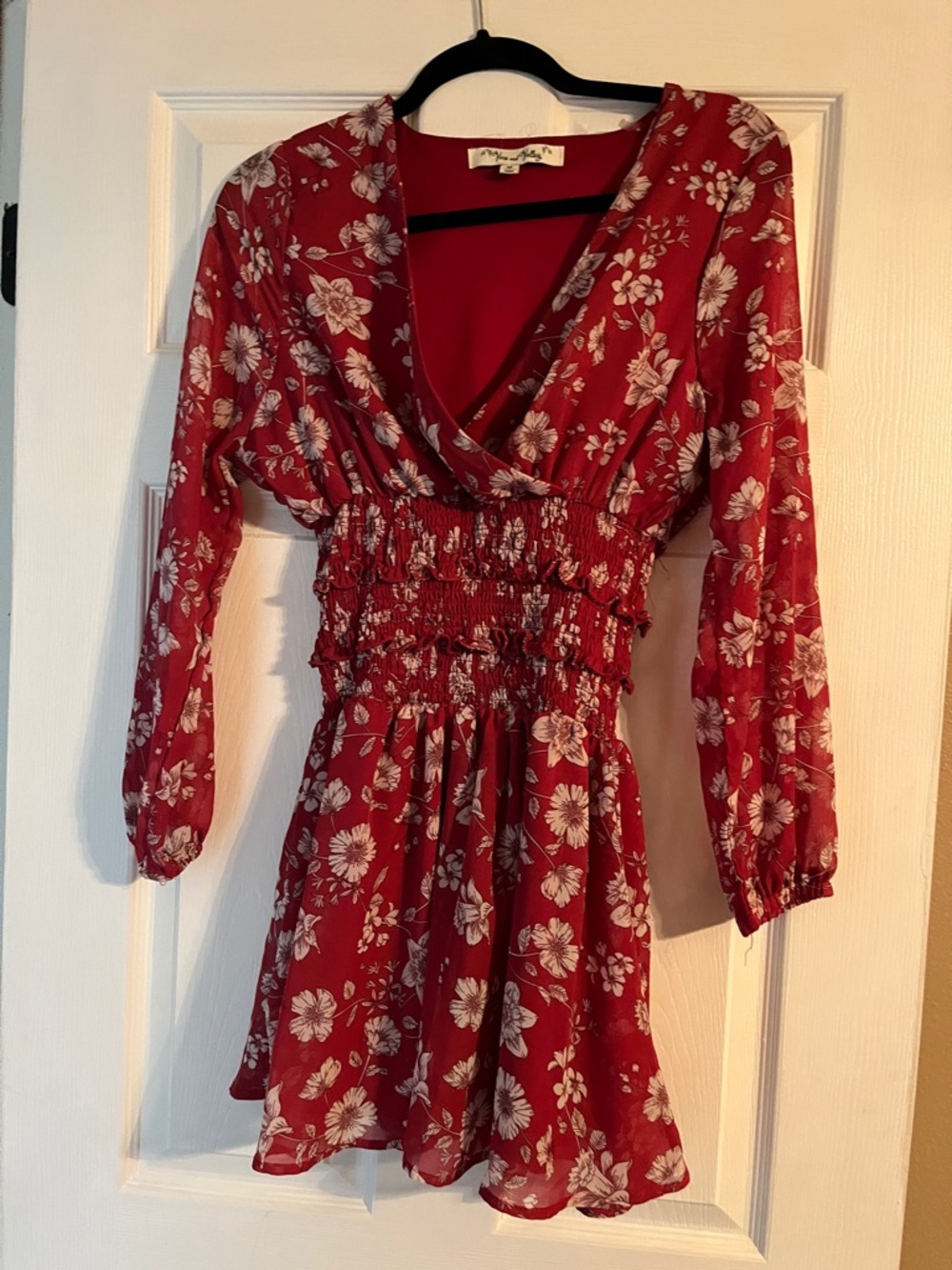 Red Floral Long-Sleeve Smocked Waist Dress
